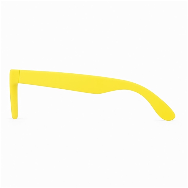 aerial view a yellow single tone matte plastic sunglasses, image 3 of 4