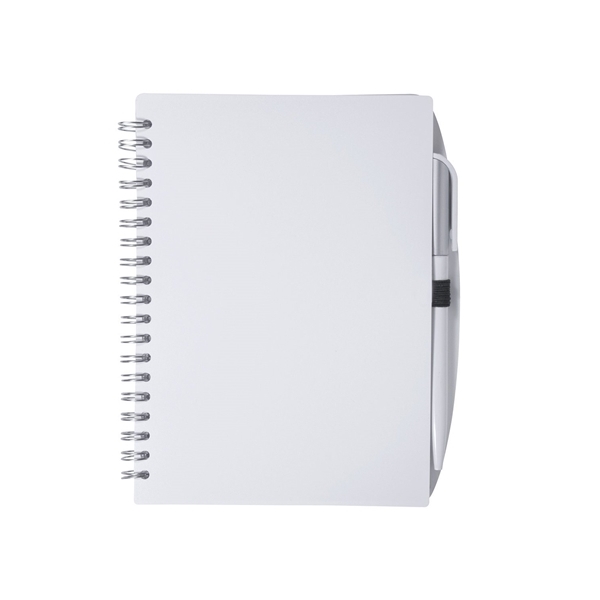 aerial view a clear-frosted spiral notebook with pen, image 2 of 2