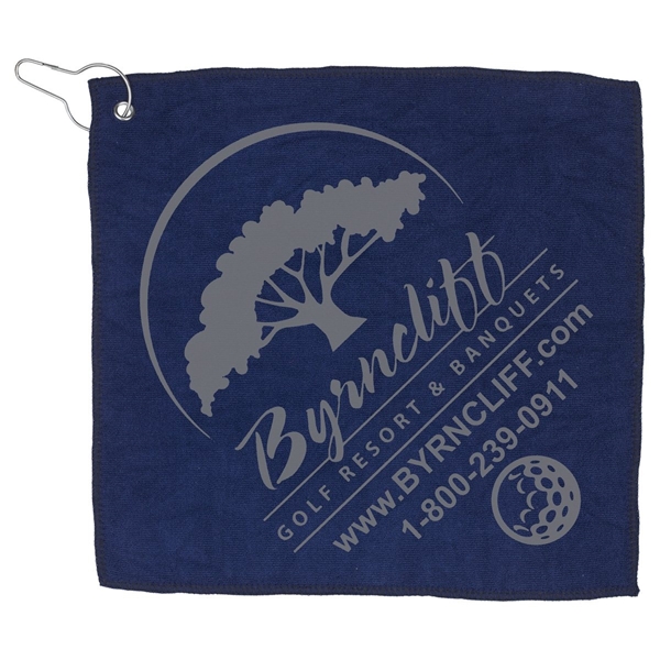 aerial view a navy blue microfiber golf towel 12 x 12, image 3 of 3