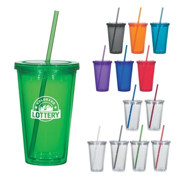 Promotional 16 Oz Double Wall Acrylic Tumbler With Straw