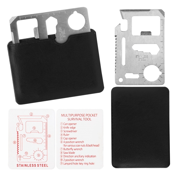 aerial view a stainless steel w/black pouch credit card multi tool, image 2 of 2