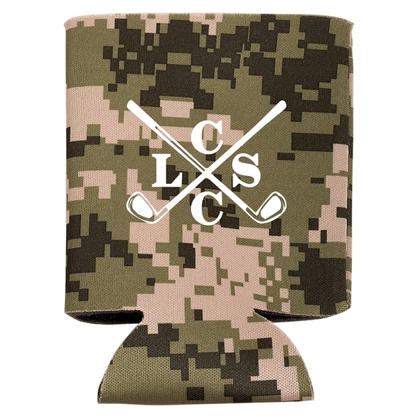 aerial view a digital camouflage folding foam can cooler sleeve, image 4 of 4