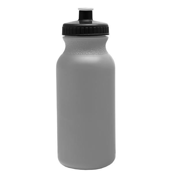 aerial view a silver bottle & black lid 20 oz the omni color bike bottle with push pull lid, image 2 of 2