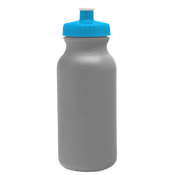 aerial view a silver bottle & cyan lid 20 oz the omni color bike bottle with push pull lid, image 2 of 2