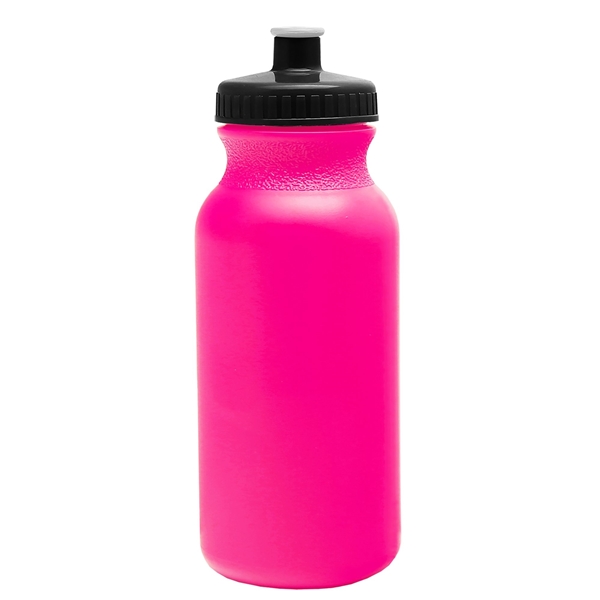 aerial view a translucent hot pink bottle & black lid 20 oz the omni color bike bottle with push pull lid, image 2 of 2