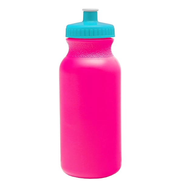aerial view a translucent hot pink bottle & cyan lid 20 oz the omni color bike bottle with push pull lid, image 2 of 2