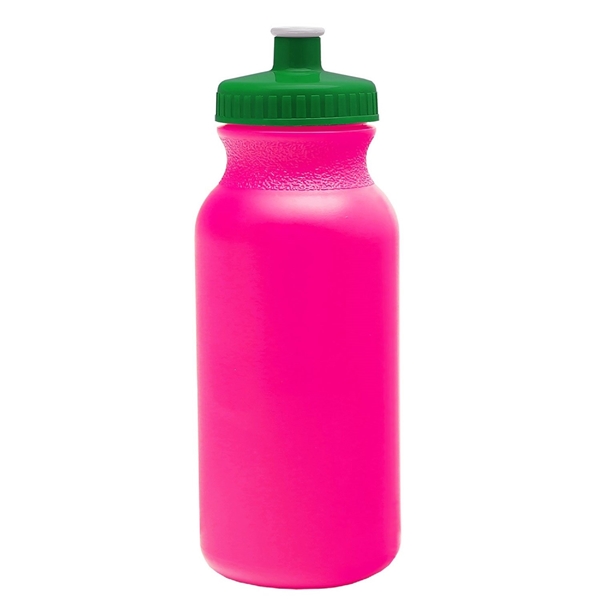 aerial view a translucent hot pink bottle & green lid 20 oz the omni color bike bottle with push pull lid, image 2 of 2