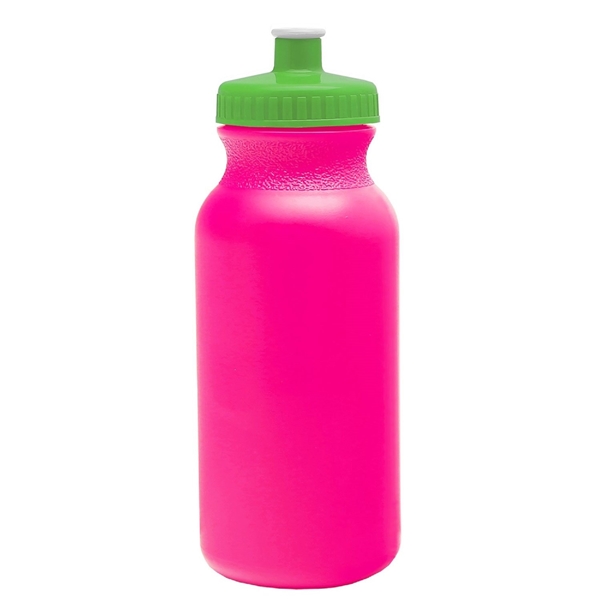 aerial view a translucent hot pink bottle & lime green lid 20 oz the omni color bike bottle with push pull lid, image 2 of 2