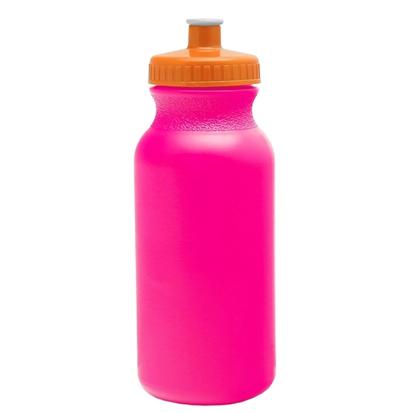 aerial view a translucent hot pink bottle & orange lid 20 oz the omni color bike bottle with push pull lid, image 2 of 2