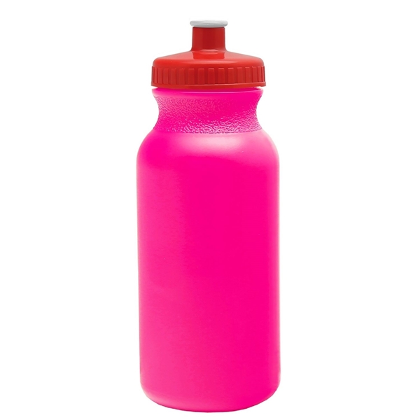 aerial view a translucent hot pink bottle & red lid 20 oz the omni color bike bottle with push pull lid, image 2 of 2
