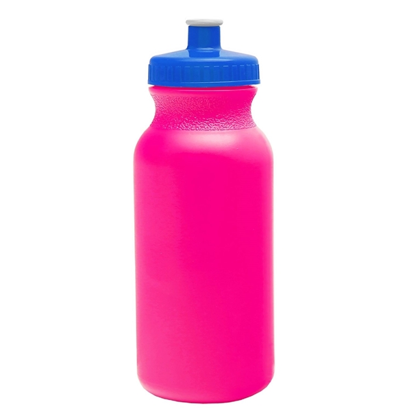aerial view a translucent hot pink bottle & royal blue lid 20 oz the omni color bike bottle with push pull lid, image 2 of 2