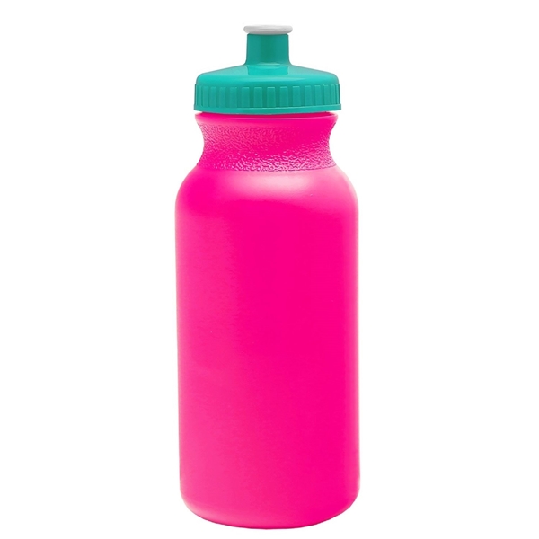 aerial view a translucent hot pink bottle & teal lid 20 oz the omni color bike bottle with push pull lid, image 2 of 2