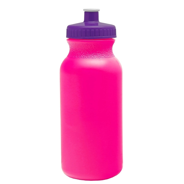 aerial view a translucent hot pink bottle & violet lid 20 oz the omni color bike bottle with push pull lid, image 2 of 2