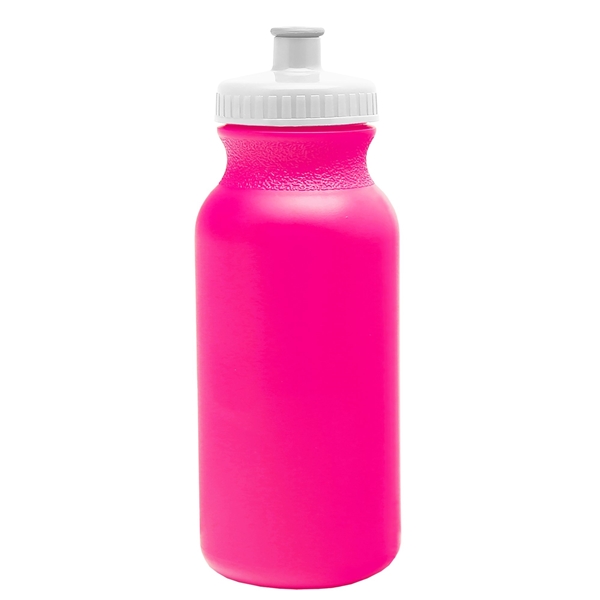 aerial view a translucent hot pink bottle & white lid 20 oz the omni color bike bottle with push pull lid, image 2 of 2