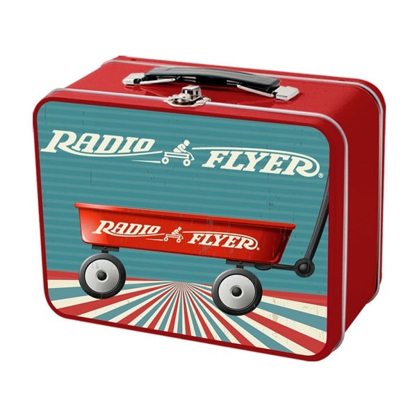 aerial view a red retro metal lunch box, image 3 of 3