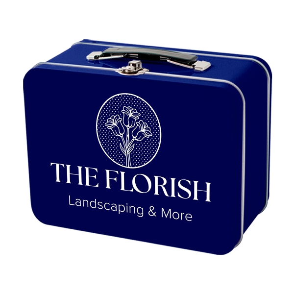 aerial view a dark blue retro metal lunch box, image 2 of 3