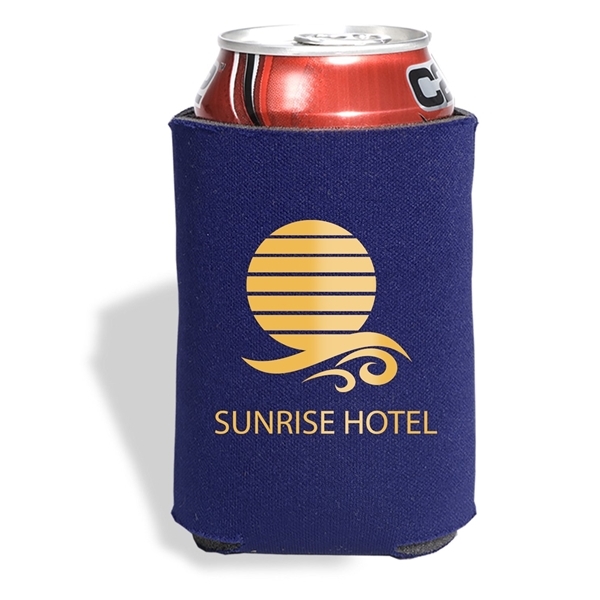 aerial view a blue-navy folding foam can cooler sleeve, image 2 of 4