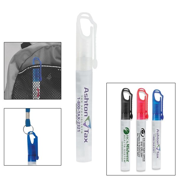 Promotional SprayClip 10 ml. Antibacterial Hand Sanitizer Spray Pump Bottle with Carabiner Clip Cap