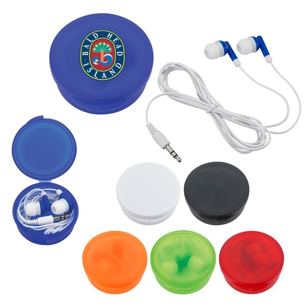 Promotional Ear Buds In Round Plastic Case