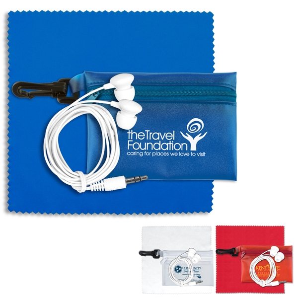 Promotional Earbud Tech Kit with Microfiber Cleaning Cloth In Translucent Carabiner Zipper Pouch