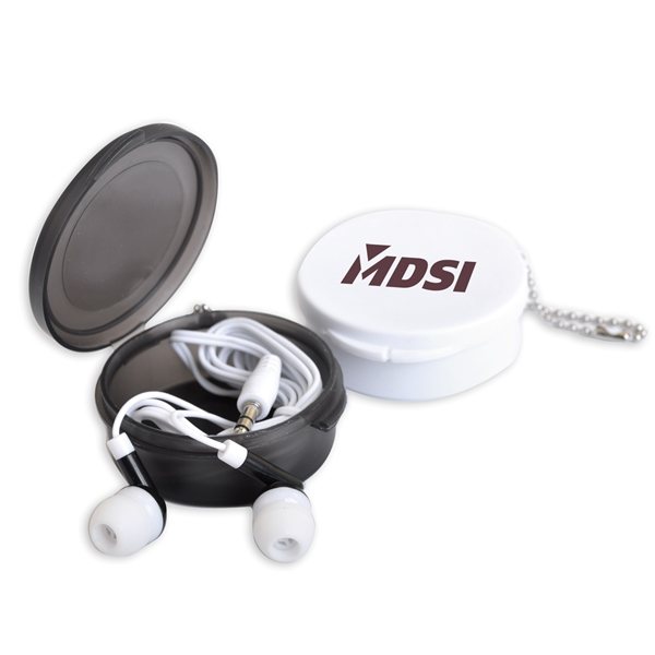 Promotional Earbuds in Round Travel Case