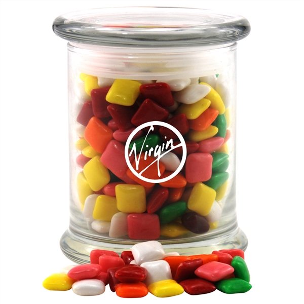 Promotional 3 1/2 Round Glass 12 oz Jar with Mini Chicklets Gum