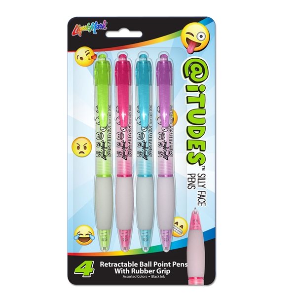 Promotional iTUDES 4 Pack Emoji Slly Face Retractable Ball Point Pens With Rubber Grip
