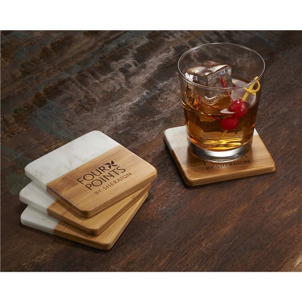 Promotional Marble and Bamboo Coaster Set