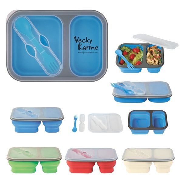 Promotional Collapsible 2- Section Food Container And Dual Utensil With Handle Box