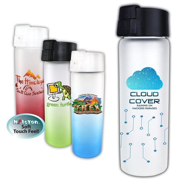 Promotional 20 oz Halcyon Frosted Glass Bottle with Flip Top Lid, Full Color Digital