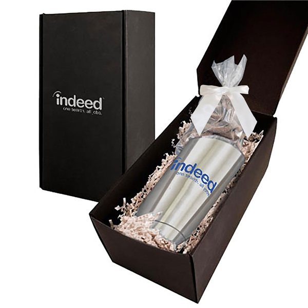 Promotional Soft Touch Gift Box with Vacuum Tumbler and Milk Chocolate Pretzels Mug Drop