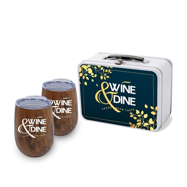 Promotional Retro Lunchbox + Double 10oz Stemless Wood Tone Wine Glass In Vacuum Formed Insert