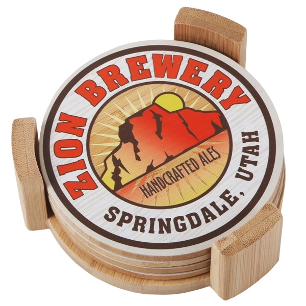 Promotional Round Bamboo Coaster Set with Wood Stand