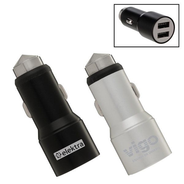 Aluminum Dual USB Car Charger Adapter w / Emergency Hammer