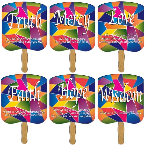 Assorted (Wisdom, Mercy, Love, Faith, Truth, and Hope) Religious Stock Fan - Paper Products