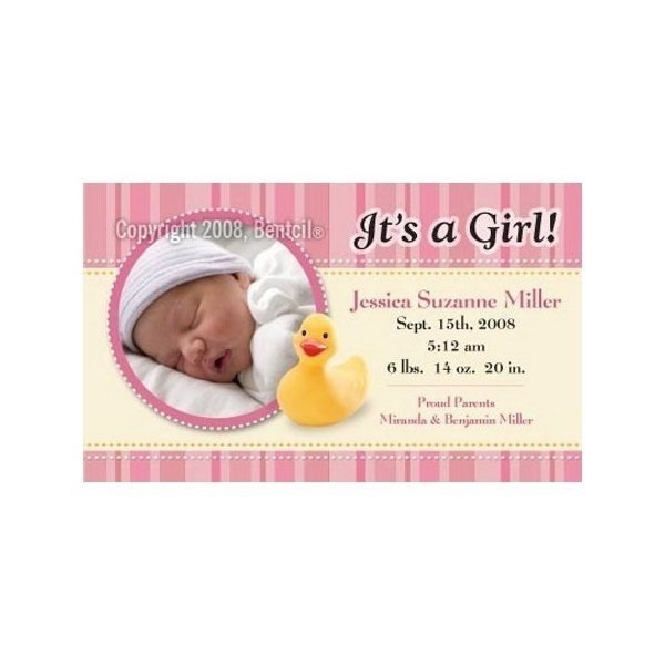 Baby Announcement - Duckie Pink Stripes - Budget Square Corner Cut Magnets