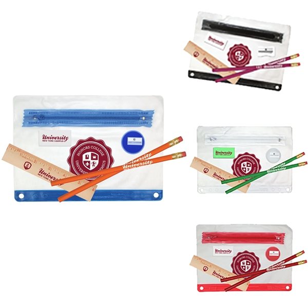 Clear Translucent School Kit - 2 Pencils, Wood Ruler, Eraser, Pencil Sharpener