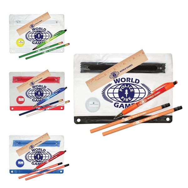 Clear Translucent School Kit - 2 Pencils, Wood Ruler, Spirit Click Pen, Pencil Sharpener