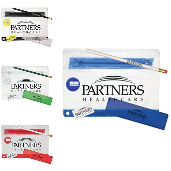 Clear Translucent School Kit - Pencil, Plastic Ruler, Eraser, Pencil Sharpener