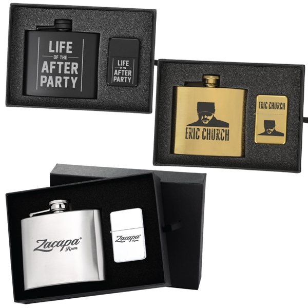 Deluxe 5 oz Flask and Oil Flip Top Lighter Gift Set