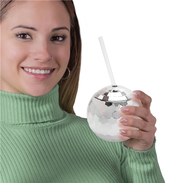 Silver Disco Ball Plastic Drink Cup with Lid & Reusable Straw - 16 oz