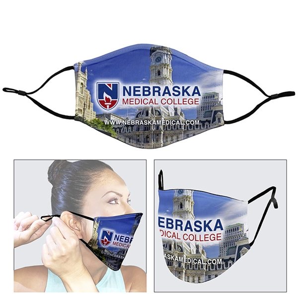 Full Color Sublimation 3- Ply Washable Reusable Cotton / Polyester Face Mask with Ear Loop Adjusters