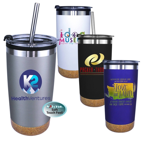 Halcyon(R) 20 oz Cork Bottom Tumbler with Stainless Straw / Flip Top Lid, Full Color Digital