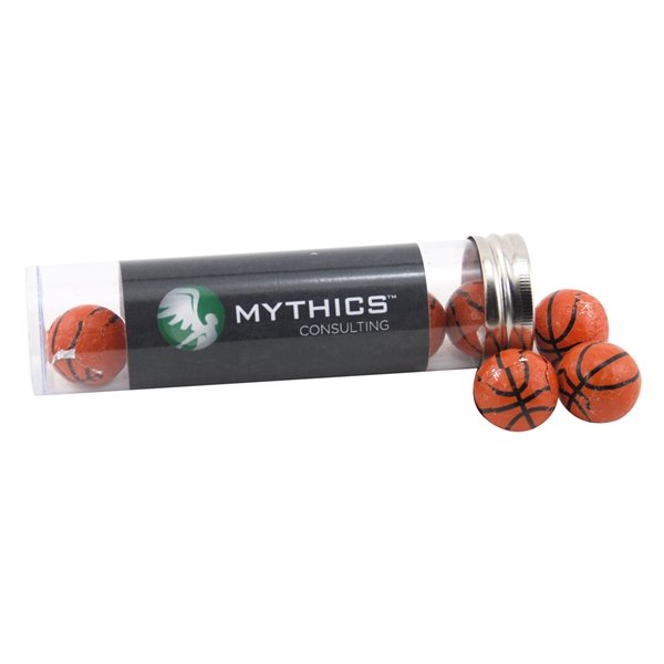 Medium Plastic Tube with Chocolate Basketballs