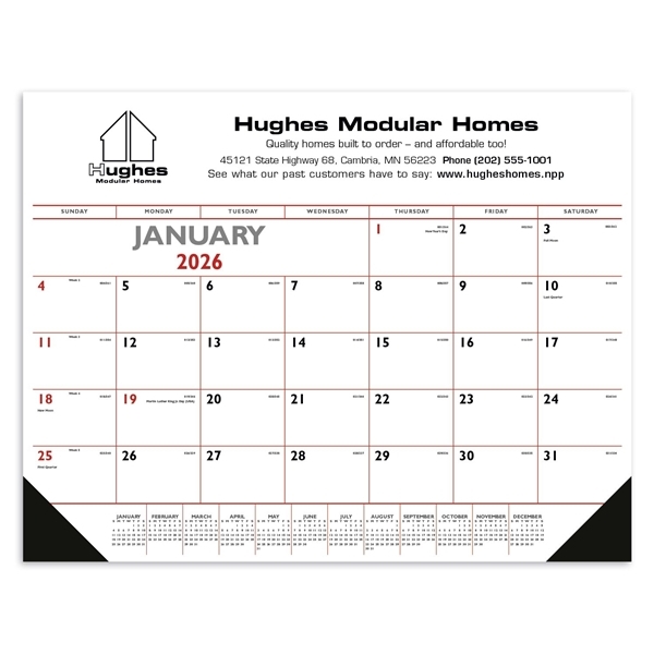 Promotional Red & Black Desk Pad with Vinyl Corners Calendar