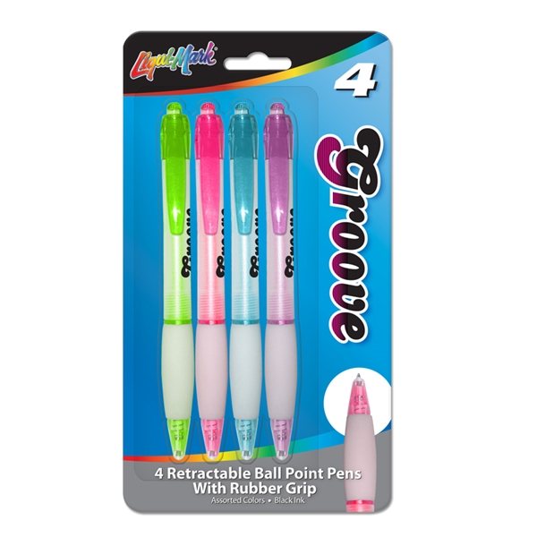 Set Of 4 Groove Retractable Ball Point Pens W / Rubber Grip