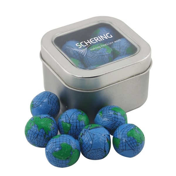 Small Window Tin with Chocolate Globes Earth Balls