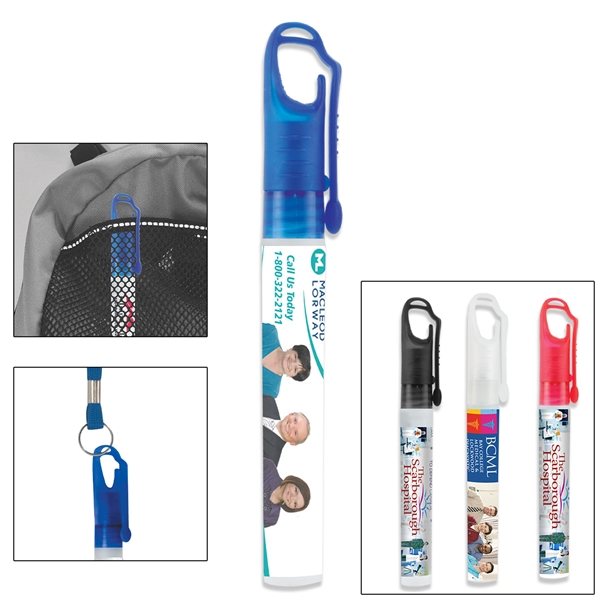 SprayClip 10 ml. Antibacterial Hand Sanitizer Spray Pump Bottle with Carabiner Clip Cap (PhotoImage Full Color)