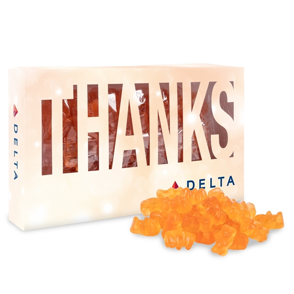 Promotional Thanks Die Cut Box With Champagne Gummy Bears