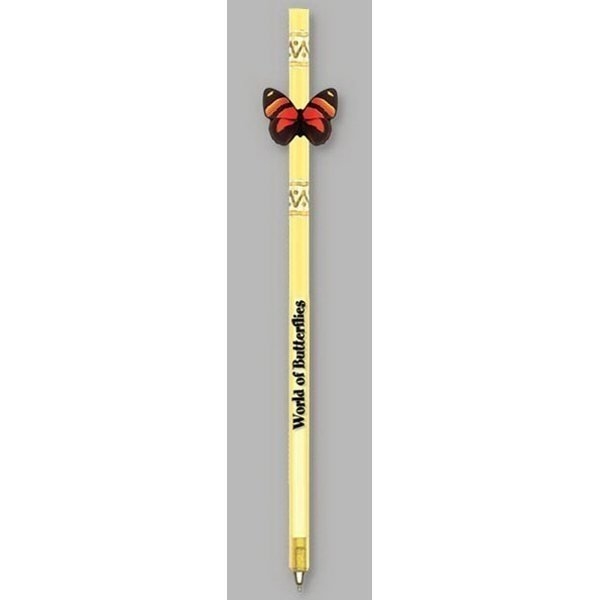 Tube Pens(TM) - Transparent pen with with a durable, two sided , vinyl laminate butterfly attachment.